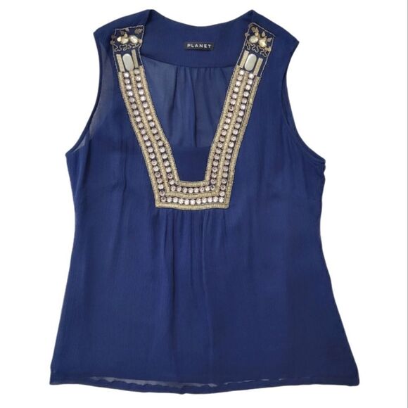 Gold Embellished Blue Blouse Tank Top - Picture 1 of 11